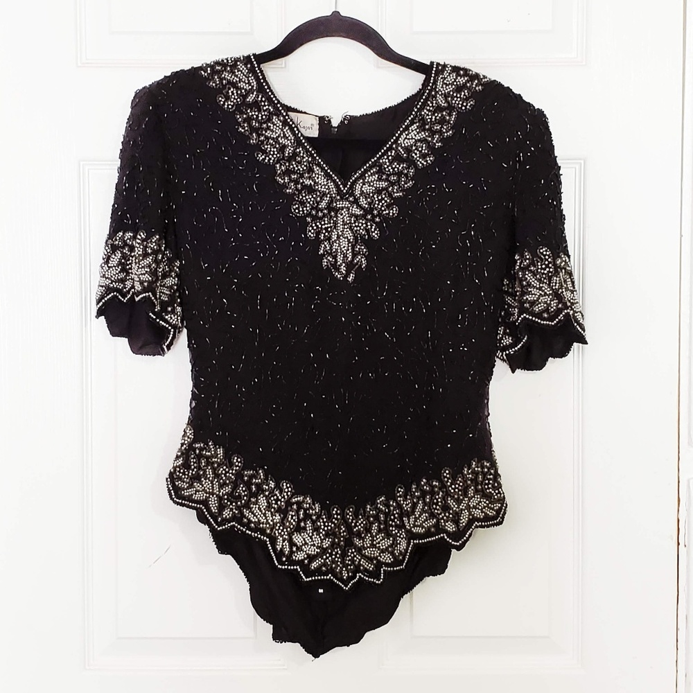 Laurence Kazar 100% Silk Beaded V-Neck Blouse L